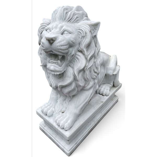 Carved White Marble Recumbent Roaring Sentinel Lion Estate Garden Statue Sculpture (Approx. 50x21x57