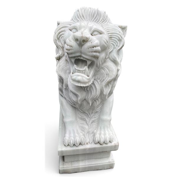 Carved White Marble Recumbent Roaring Sentinel Lion Estate Garden Statue Sculpture (Approx. 50x21x57