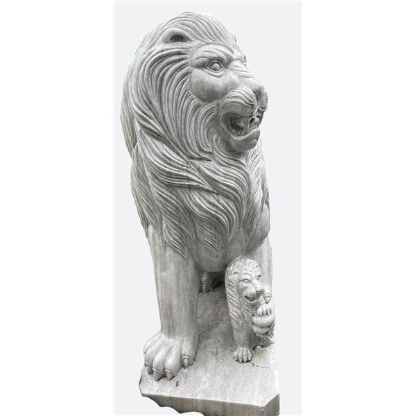 Carved Grey Veined Marble Seated Guardian Lion with Cub Estate Gate Statue Sculpture Left Facing (Ap
