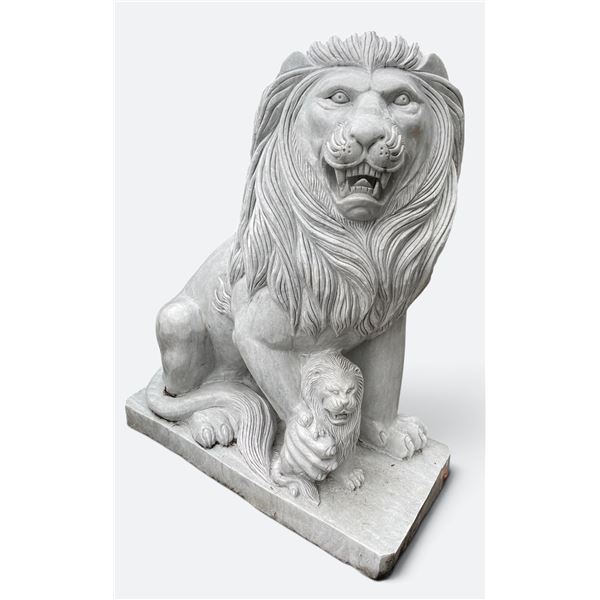 Carved Grey Veined Marble Seated Guardian Lion with Cub Estate Gate Statue Sculpture Right Facing (A