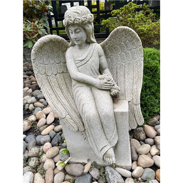 Cast Stone Seated Winged Angel with Flower Bouquet Memorial Garden Statue Sculpture (Approx. 25x40)