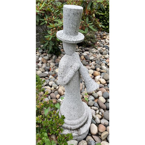 Hand-Carved Grey Speckled Granite Stylized Musician in Top Hat Playing Horn Garden Statue Sculpture