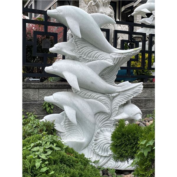 Monumental Carved White Marble Leaping Dolphins on Ocean Waves Garden Statue Sculpture/Fountain (App