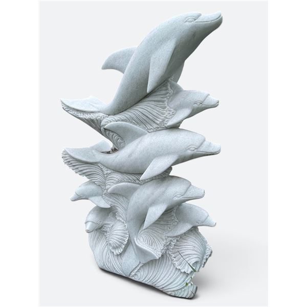 Monumental Carved White Marble Leaping Dolphins on Ocean Waves Garden Statue Sculpture/Fountain (App