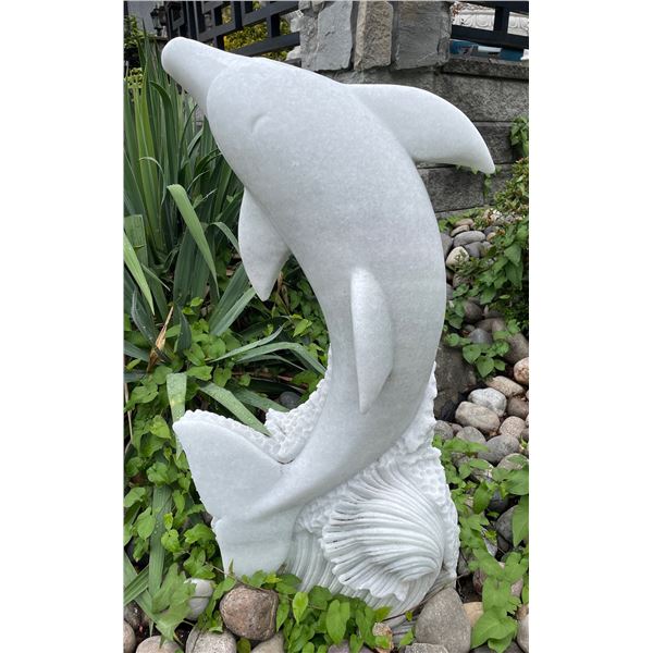 Carved White Marble Leaping Dolphin Garden Statue Sculpture (Approx. 38in H)