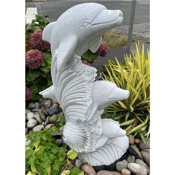 Carved White Marble Trio of Leaping Dolphins on Ocean Waves Garden Statue Sculpture (Approx.43in H)