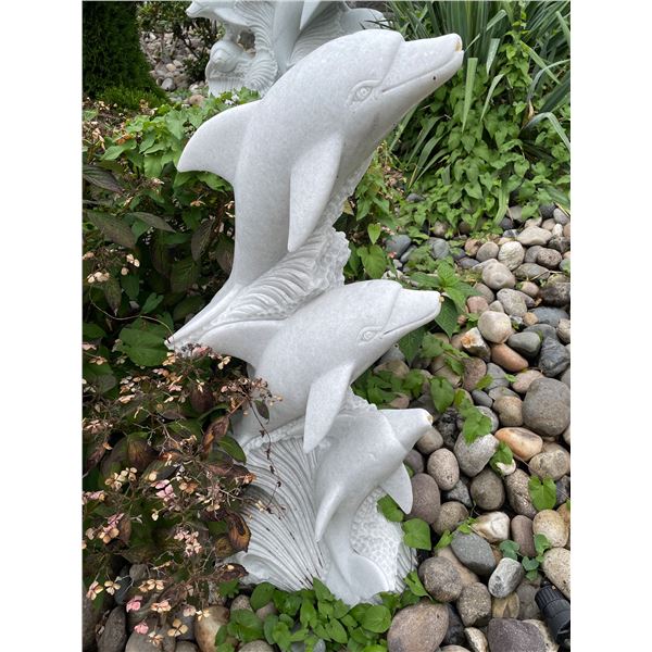 Carved White Marble Trio of Leaping Dolphins on Ocean Waves Garden Statue Sculpture (Approx.43in H)