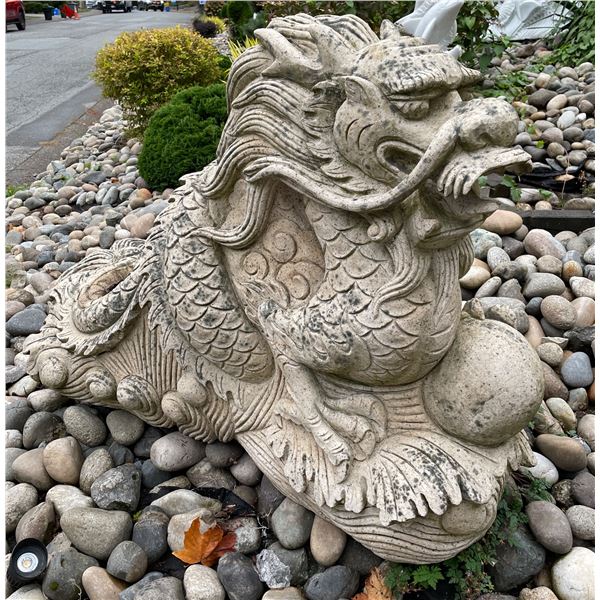 Carved Granite Asian Dragon / Kirin with Pearl of Wisdom Garden Statue Sculpture (Approx. 55x40)