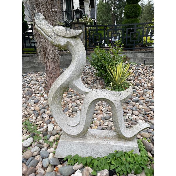 Carved Grey Granite Stylized Sea Serpent / Dragon Garden Statue Sculpture (Approx. 42x64)
