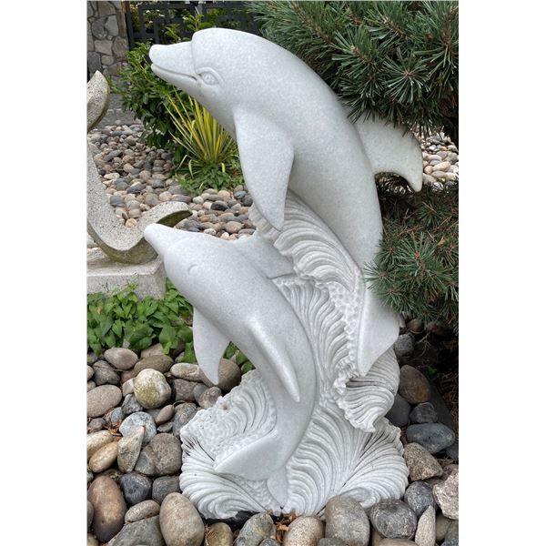 Carved White Marble Trio of Leaping Dolphins on Ocean Waves Garden Statue Sculpture (Approx.43in H)