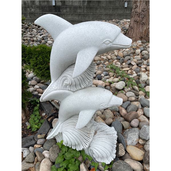 Carved White Marble Trio of Leaping Dolphins on Ocean Waves Garden Statue Sculpture (Approx.43in H)