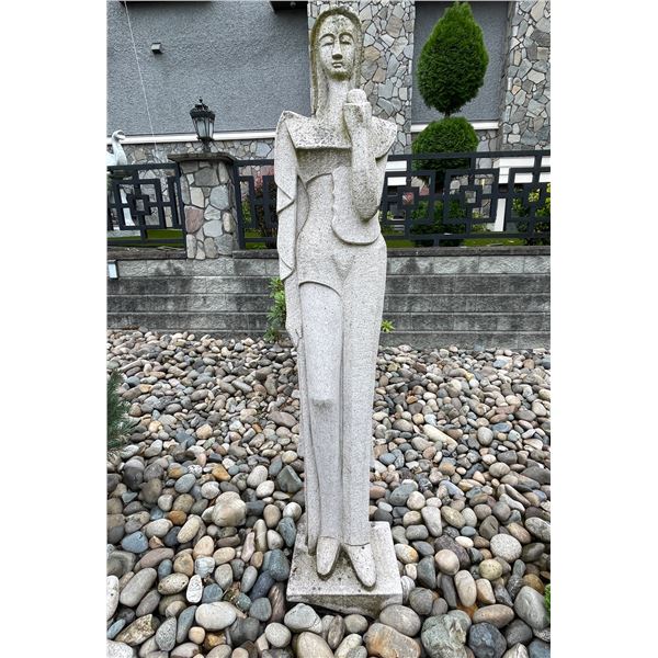 Carved Grey Speckled Granite Modernist Stylized Standing Maiden Garden Statue Sculpture (Approx. 80i