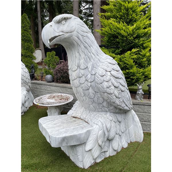 Carved Grey Veined White Marble Perched Eagle Garden Bench Statue Sculpture (Approx. 76x42x87)