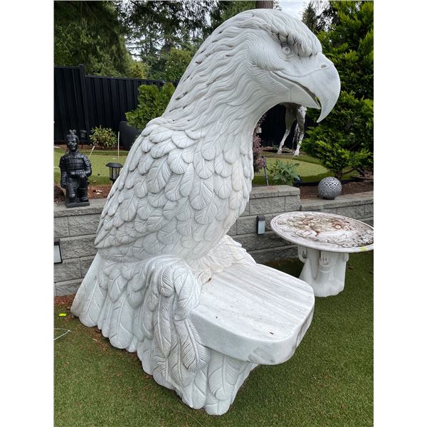 Carved Grey Veined White Marble Perched Eagle Garden Bench Statue Sculpture (Approx. 76x42x87)