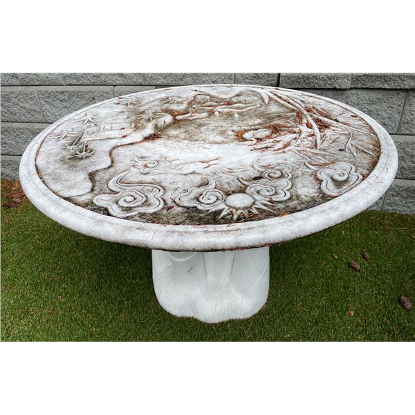 White Marble Round Garden Table with Bas-Relief Landscape Scene and Tree Trunk Pedestal Base (41 DIA