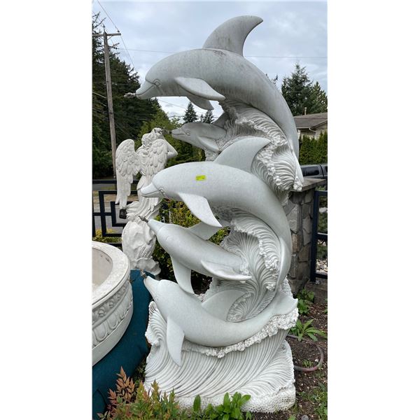 White Marble Pod of Leaping Dolphins Water Fountain Garden Statue Sculpture (Approx. 87in H)