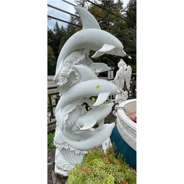 White Marble Pod of Leaping Dolphins Water Fountain Garden Statue Sculpture (Approx. 87in H)