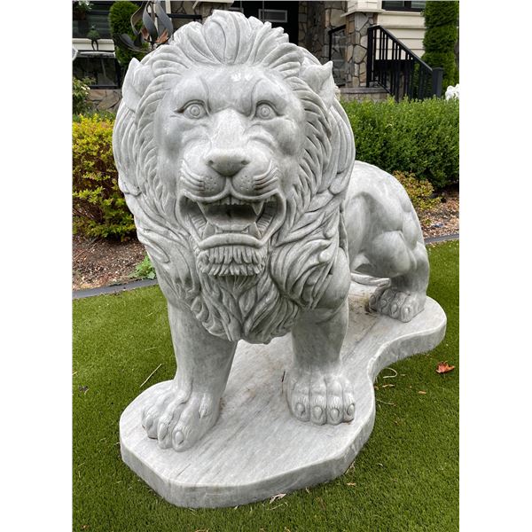 Monumental Hand-Carved Grey Veined White Marble Prowling Lion Garden Statue Sculpture (Approx. 55x50