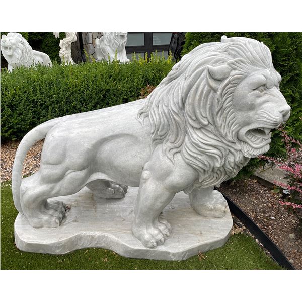 Monumental Hand-Carved Grey Veined White Marble Prowling Lion Garden Statue Sculpture (Approx. 55x50