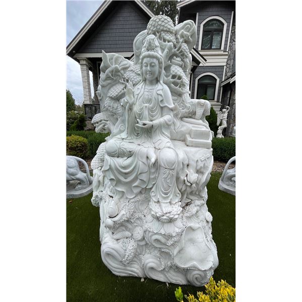 White Marble Guanyin / Guan Yin Deity Seated on Dragon and Waves Garden Statue Sculpture (Approx. 68