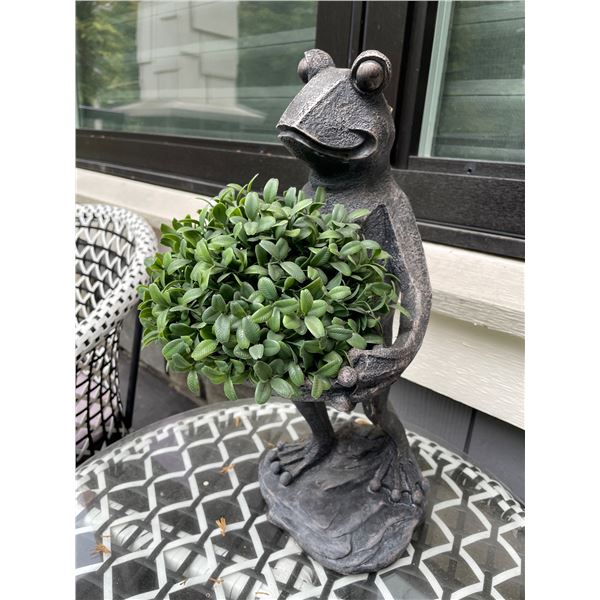 Cast Bronze Finish Resin Standing Frog Holding Faux Boxwood Topiary Garden Statue Sculpture