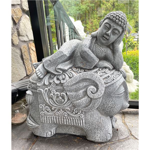 Cast Stone Resting Reclining Buddha on Ornate Elephant Garden Statue Sculpture