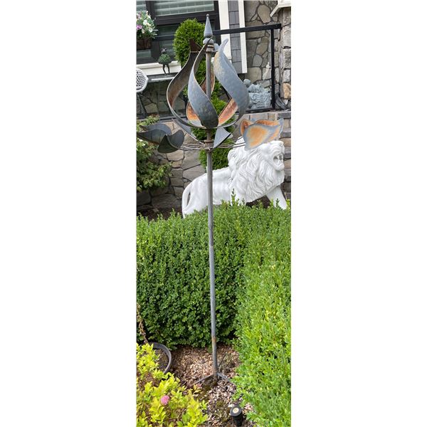 Kinetic Copper Finish Metal Lotus Flame Wind Spinner Garden Stake Sculpture