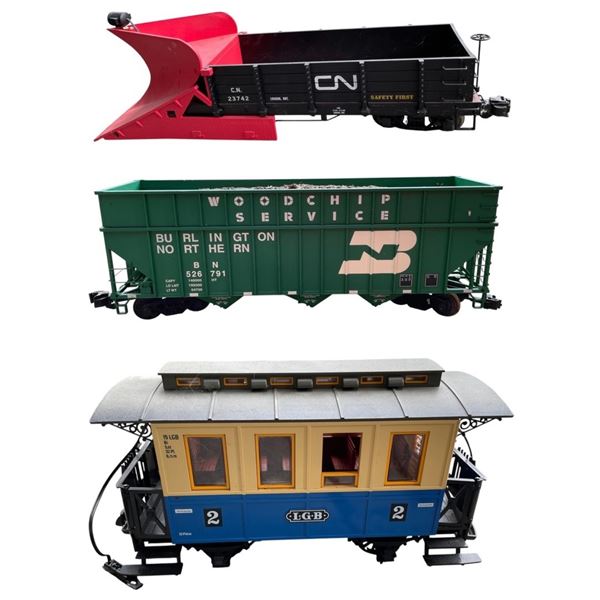 3 Assorted G Scale Cars: CN Snow Plow, Woodchip Hopper & LGB Coach