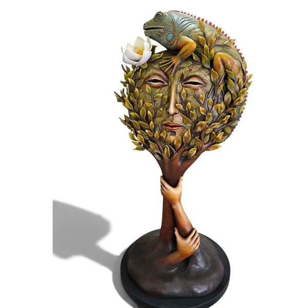 Surrealist Iguana on Tree Canopy Figural Floor Sculpture (Approx. 79in H)