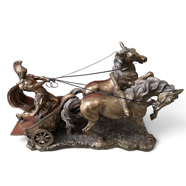 Bronze-Finish Roman Gladiator Driving Two-Horse Chariot Figural Table Sculpture