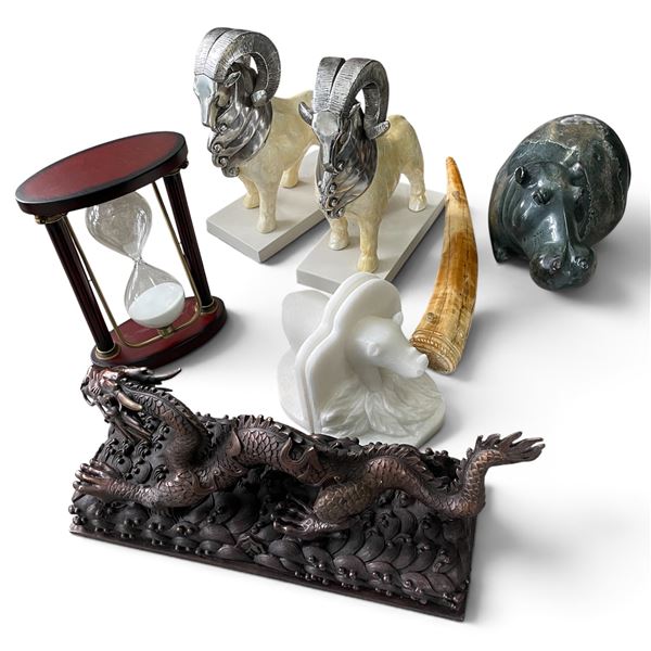 Assorted Decor: Ram Bookends, Hippo Figure, Carved Horn, Sand Timer, Bear Bookends & Dragon Plaque