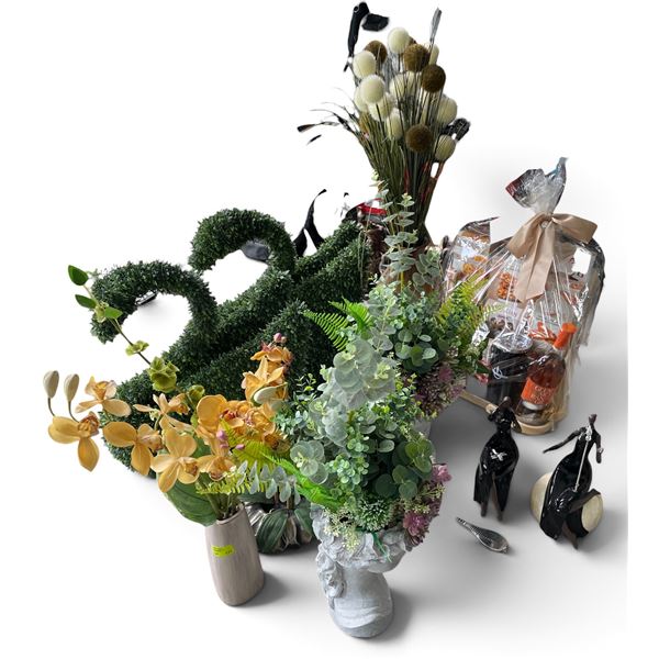 Group of Faux Plants, Swan Hedges, Decor (Needs Repair), Etc.
