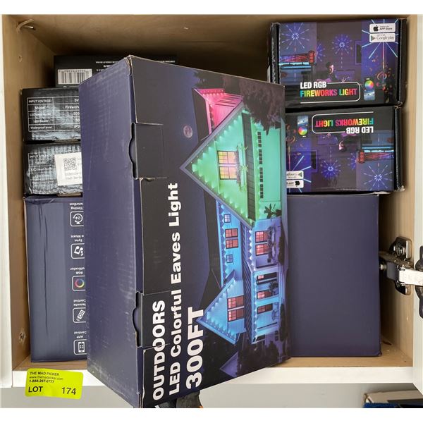 New Assorted Items: 300FT Outdoor LED Eaves Lights & LED RGB Fireworks Light
