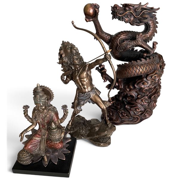 3 Bronze-Finish Mythological Statues (Lakshmi, Archer & Dragon)