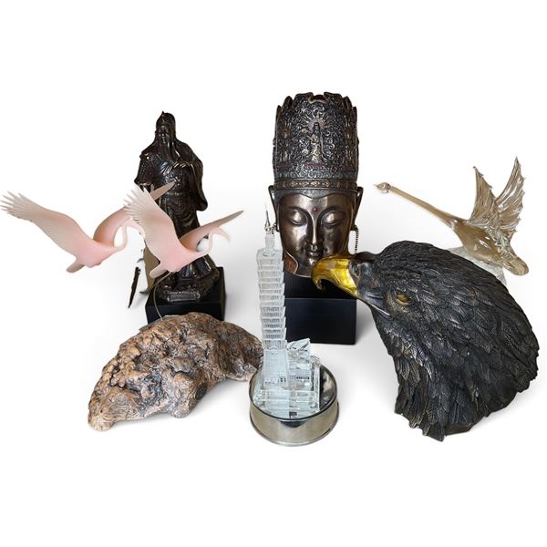 Assorted Table Sculptures (Buddha Bust, Eagle, Cranes & Glass Decor)