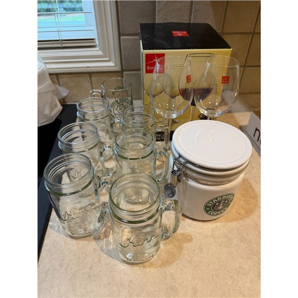 Starbucks canister, and assorted glasses