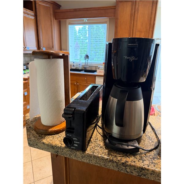 Coffee maker, paper towel holder, and toast