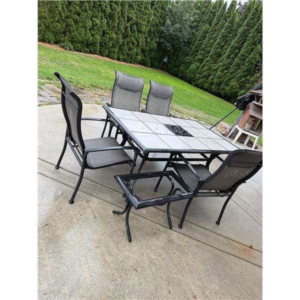Patio table for chair, chairs, and side table missing top