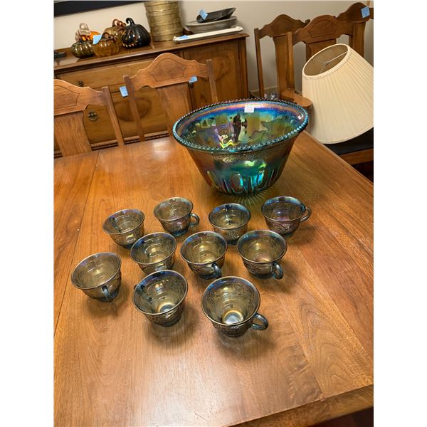 vintage Indiana Glass Company iridescent blue carnival glass punch bowl in the Harvest Grape pattern