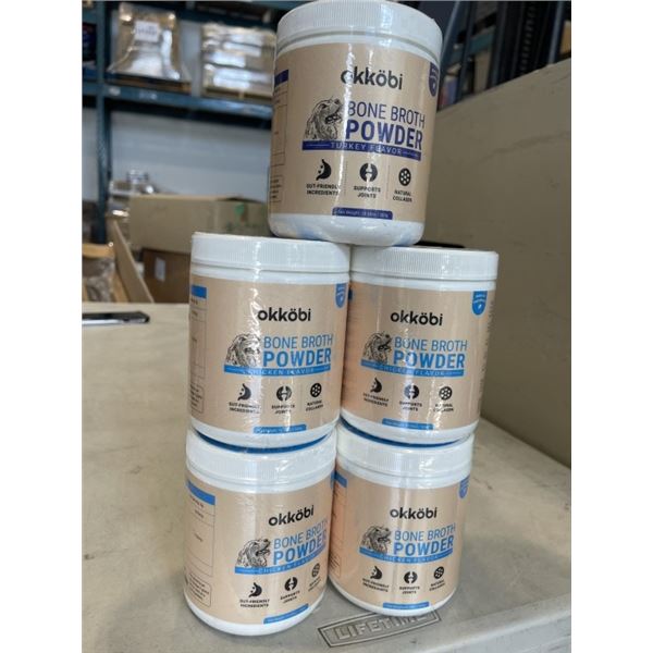 5 TUBS OF OKKOBI BONE BROTH POWDER.4 ARE CHICKEN FLAVORED, 1 IS TURKEY FLAVORED. EXP AUGUST 2027