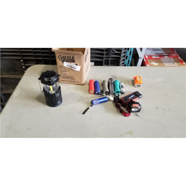 BOX OF FLASHLIGHTS, HEADLAMPS ETC