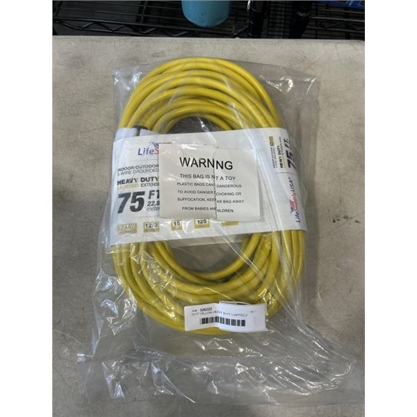 75 FT YELLOW HEAVY DUTY LIGHTED 3 OUTLET EXTENSION CORD. 12AWG/3C