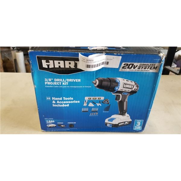 NEW SEALED HART 20V 3/8 DRILL DRIVER PROJECT KIT, INLCUDES BATTERY, CHARGER AND BAG