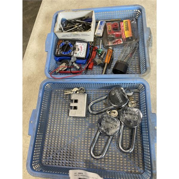TRAY OF HARDENED PADLOCKS, AND TRAY OF ASSORTED ROUTER BITS, TESTER ETC