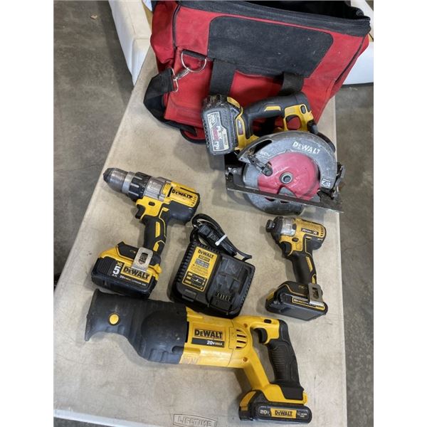 DEWALT 20V CORDLESS TOOL SET WITH CURCULAS SAW, SAWS ALL, IMPACT DRILL AND DRILL DRIVER, WITH 4 BATT
