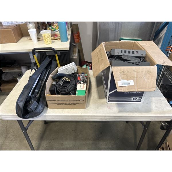 2 BOXES OF ASSORTED ELECTRONICS, TRIPOD, NETWORK COMPONENTS ETC