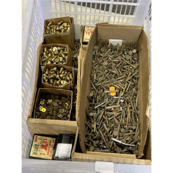 ASSORTED BRASS NAILS, SMALL HARDWARE ETC