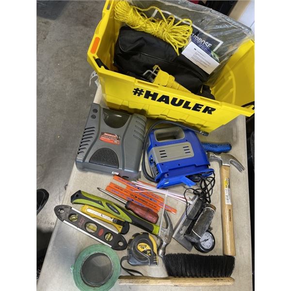 YELLOW BIN OF TOLLS INCLUDING AIR COMPRESSORS, HAMMERS, TAPE MEASURERS ETC