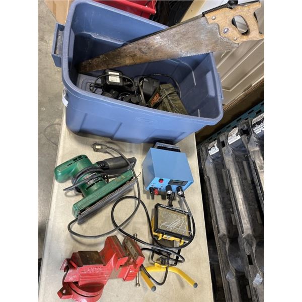 PLASTIC TOTE OF TOOLS INCLUDING VICE, CRAFTSMAN SAW, WORK LIGHTS, HAND SAWS ETC