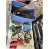 Image 1 : PLASTIC TOTE OF TOOLS INCLUDING VICE, CRAFTSMAN SAW, WORK LIGHTS, HAND SAWS ETC